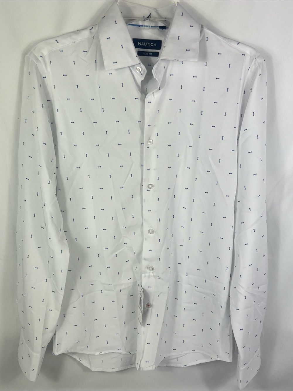Nautica White Long-Sleeve Button-Up with Navy Micro Print